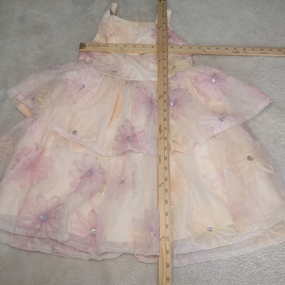 Unbranded Tiered Floral Dress Girls Size 6/7 Peach Pink Excellent Sequin Tulle